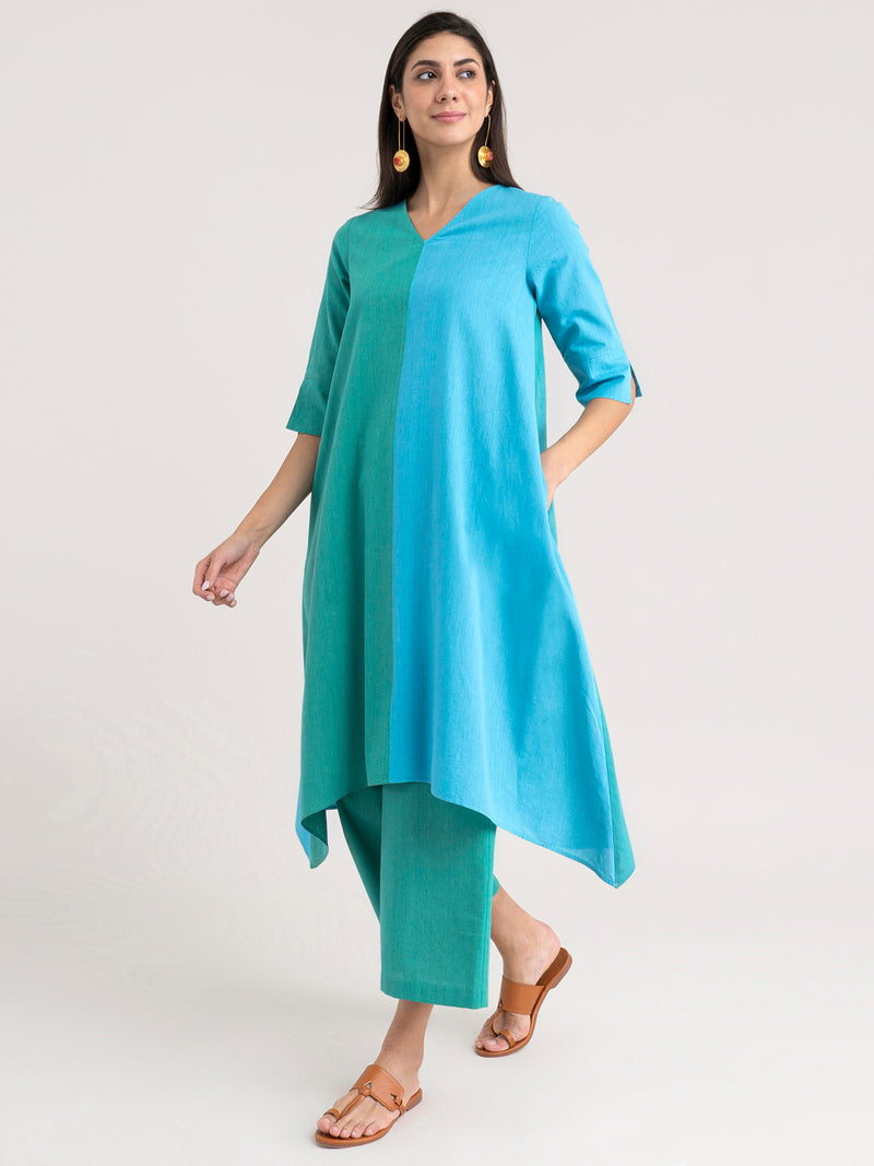 Buy Green And Blue Half & Half Asymmetrical Kurta Online | Marigold