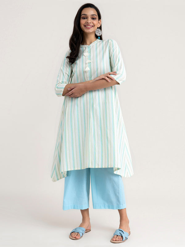 Buy Cream Front Pleat Striped Cotton Kurta Online | Marigold