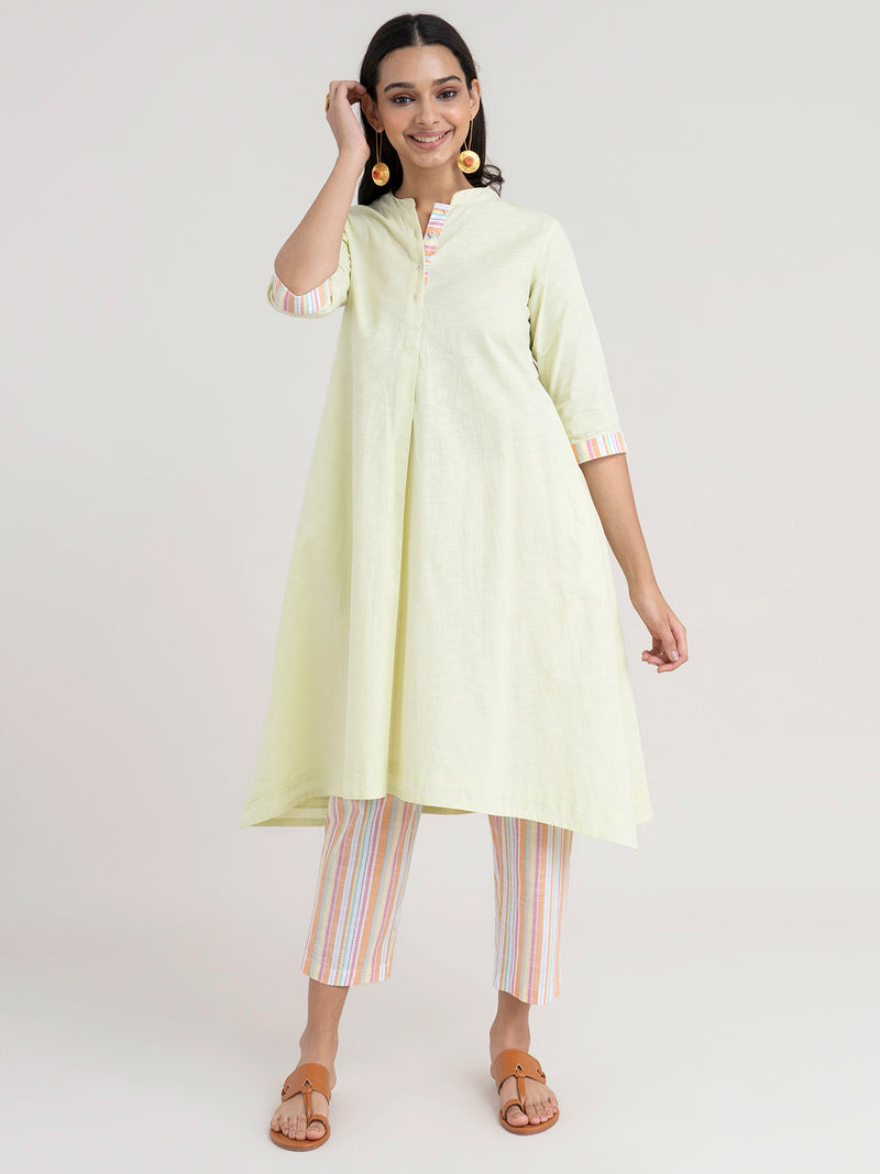 Buy Lime Green Front Pleat Striped Cotton Kurta Online | Marigold