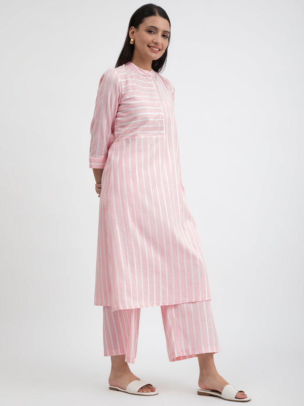 Cotton Striped A-line Kurta - Pink