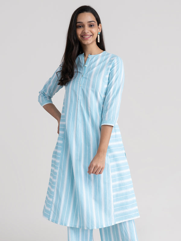 Buy Blue Mix Of Stripes Shirt Kurta Online | Marigold