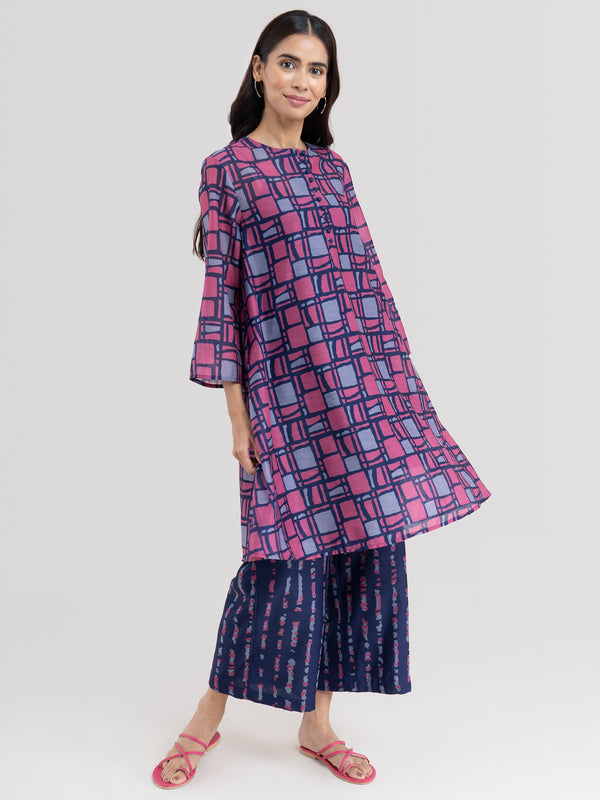 Buy Navy Blue Flared Sleeve Abstract Print Kurta Online | Marigold