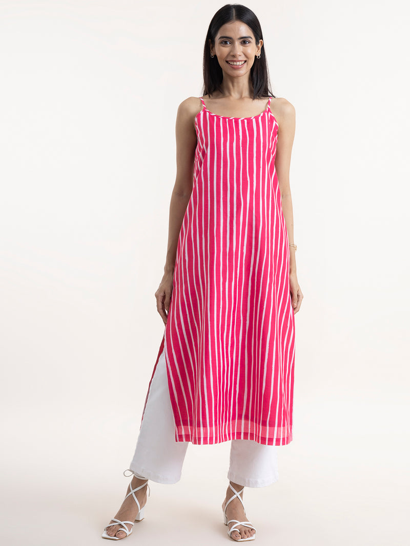 Buy Pink Chanderi Striped Sleeveless Kurta Online | Marigold