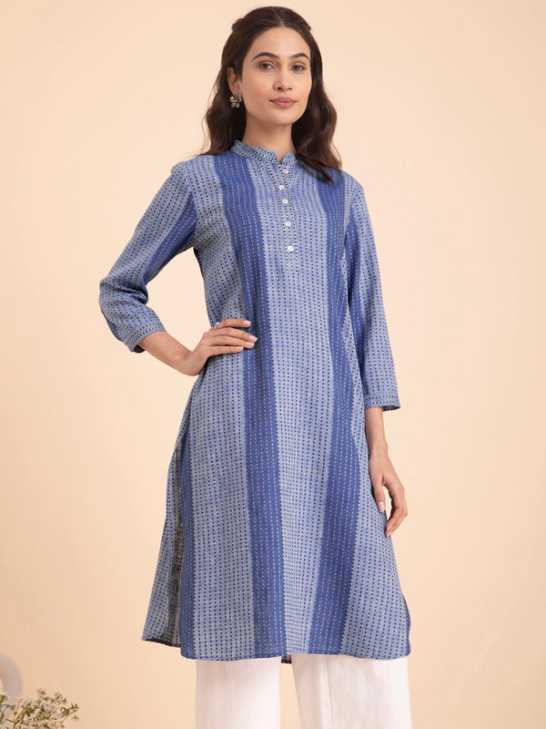 Buy Blue Cotton Striped Relaxed Kurta Online | Pink Fort