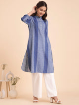 Buy Blue Cotton Striped Relaxed Kurta Online | Pink Fort