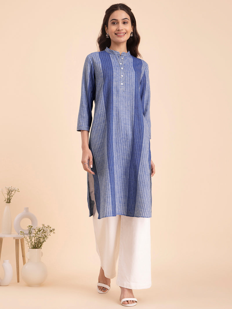 Buy Blue Cotton Striped Relaxed Kurta Online | Pink Fort