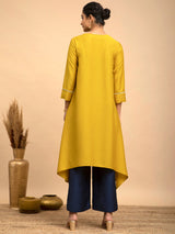Buy Yellow Asymmetrical Silk Kurta Online | Marigold