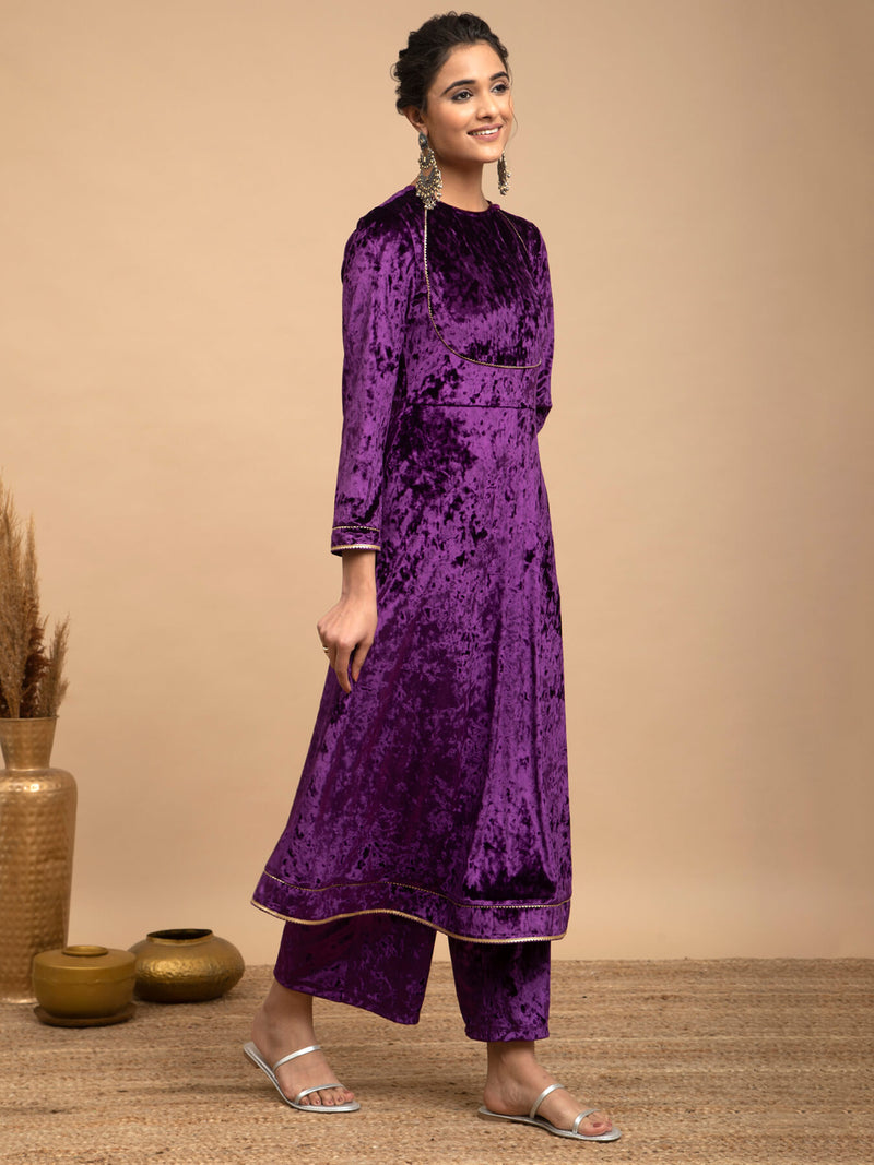 Buy Purple Velvet Flared Kurta Online | Marigold
