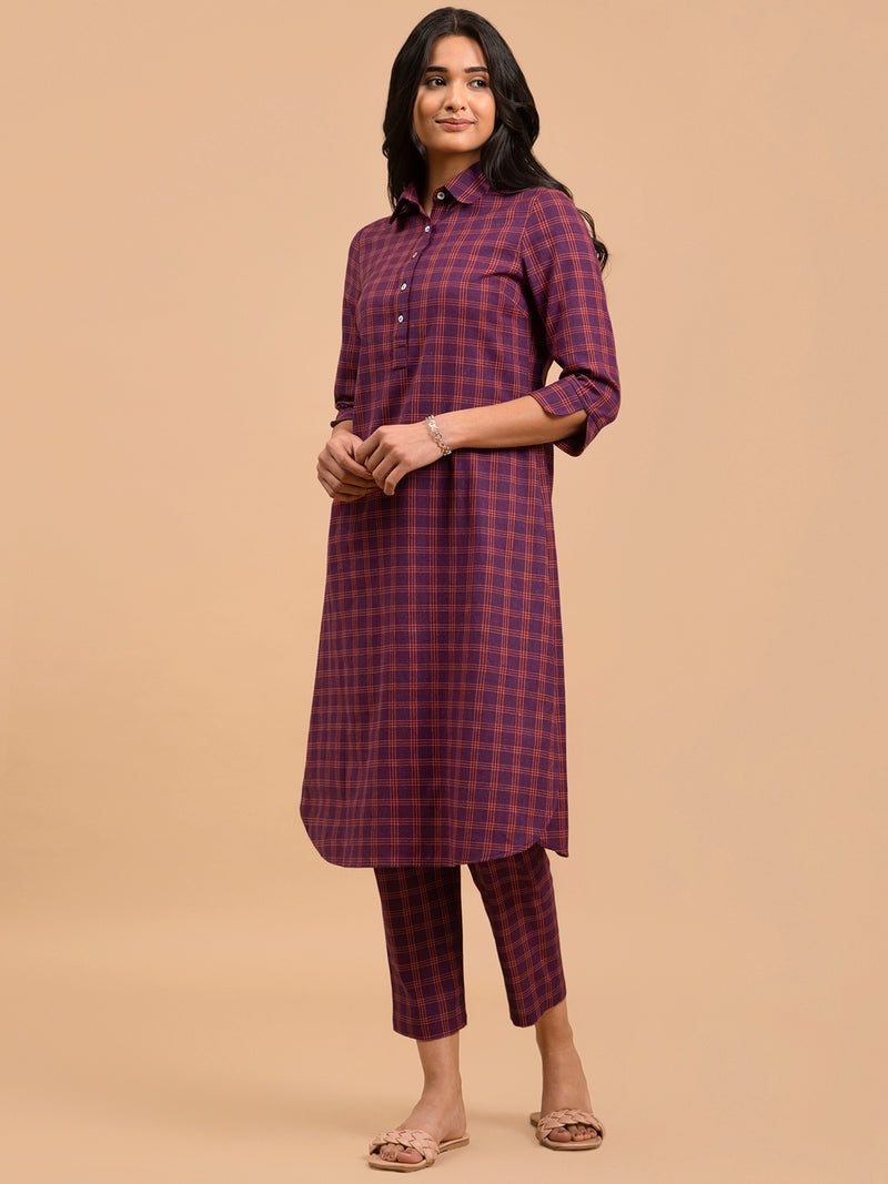 Buy Wine Checkered Cotton Kurta Online | Pink Fort
