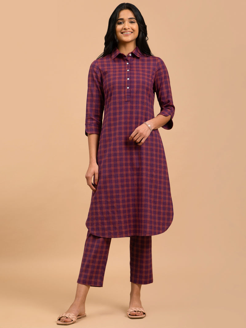 Buy Wine Checkered Cotton Kurta Online | Pink Fort