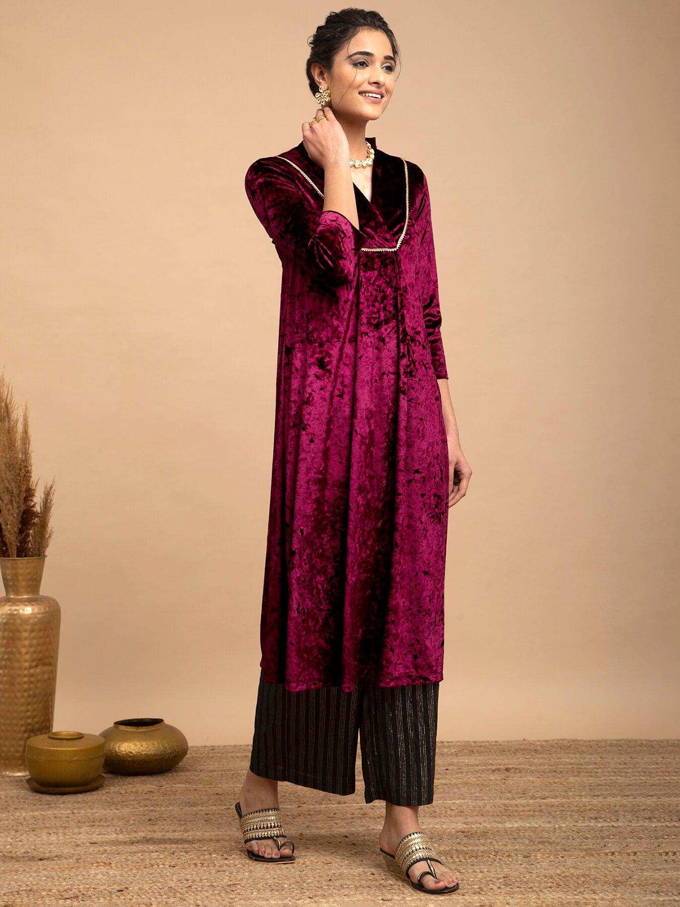 Buy Wine Velvet A-Line Flared Kurta Online | Marigold