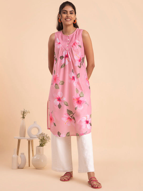 Buy Pink Floral Muslin Kurta Online | Pink Fort