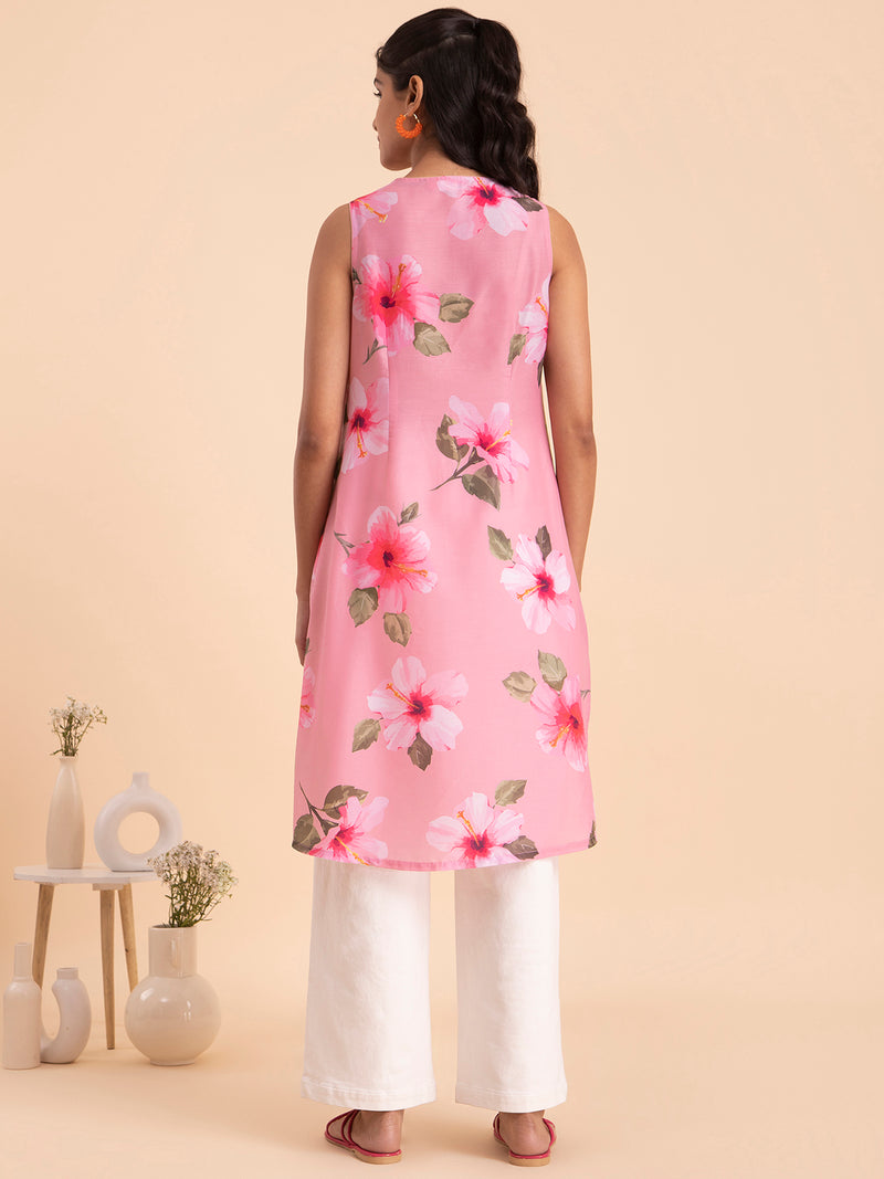 Buy Pink Floral Muslin Kurta Online | Pink Fort