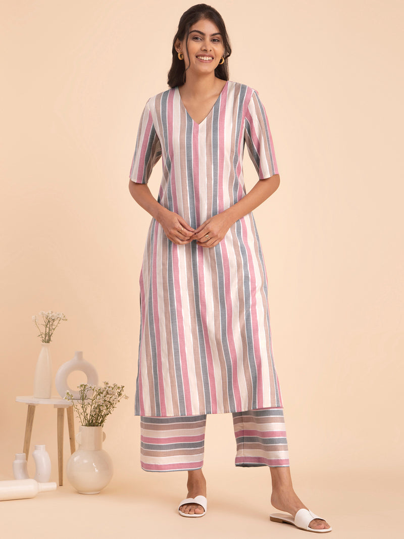 Buy Cream Cotton Striped Straight Kurta Online | Pink Fort