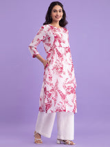Buy White and Pink Chanderi Round Neck Kurta With Slip Online | Pink Fort
