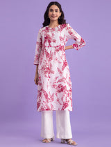 Buy White and Pink Chanderi Round Neck Kurta With Slip Online | Pink Fort
