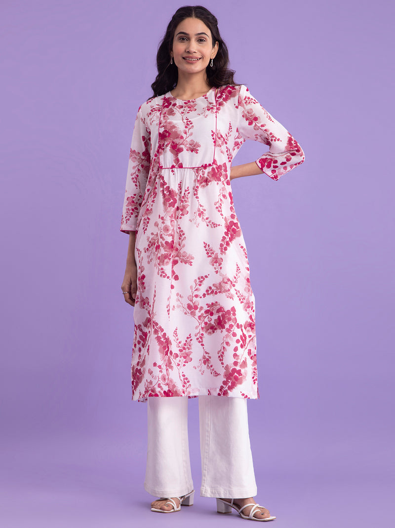 Buy White and Pink Chanderi Round Neck Kurta With Slip Online | Pink Fort