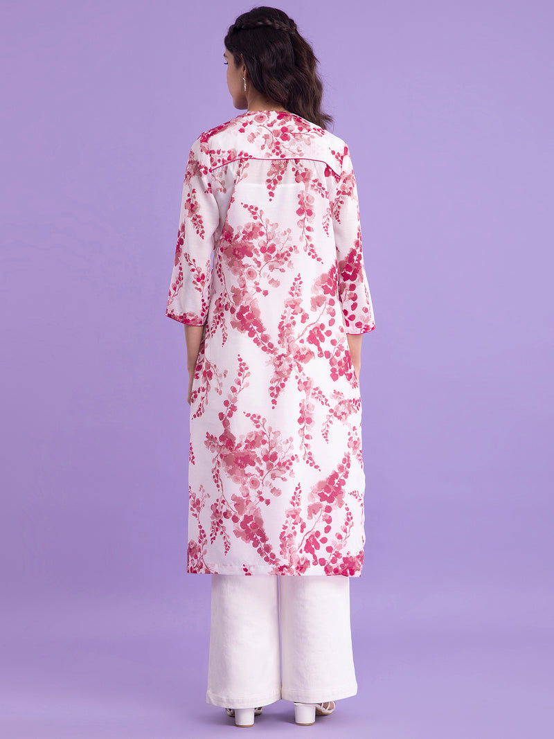 Buy White and Pink Chanderi Round Neck Kurta With Slip Online | Pink Fort
