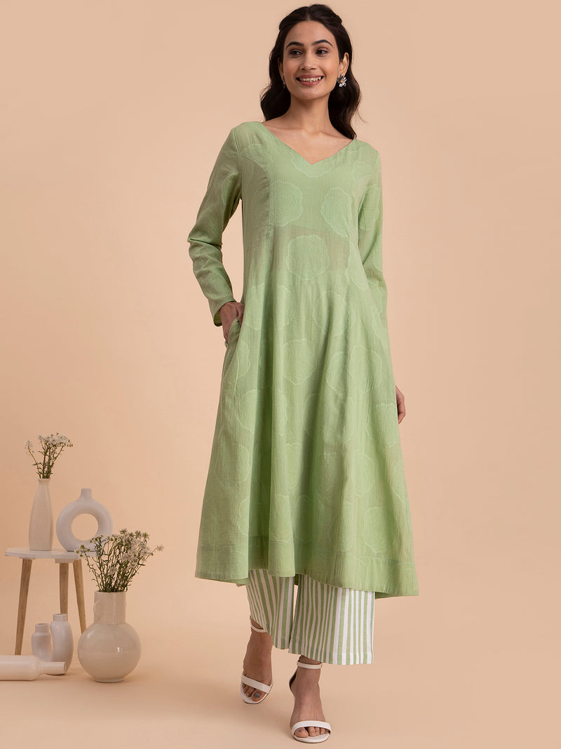 Buy Green Flared Cotton Jacquard Kurta Online | Pink Fort