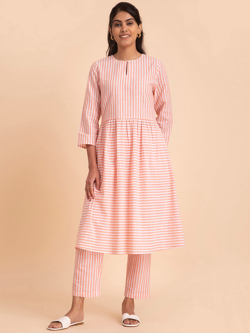 Buy Orange Striped Cotton Kurta Online | Pink Fort