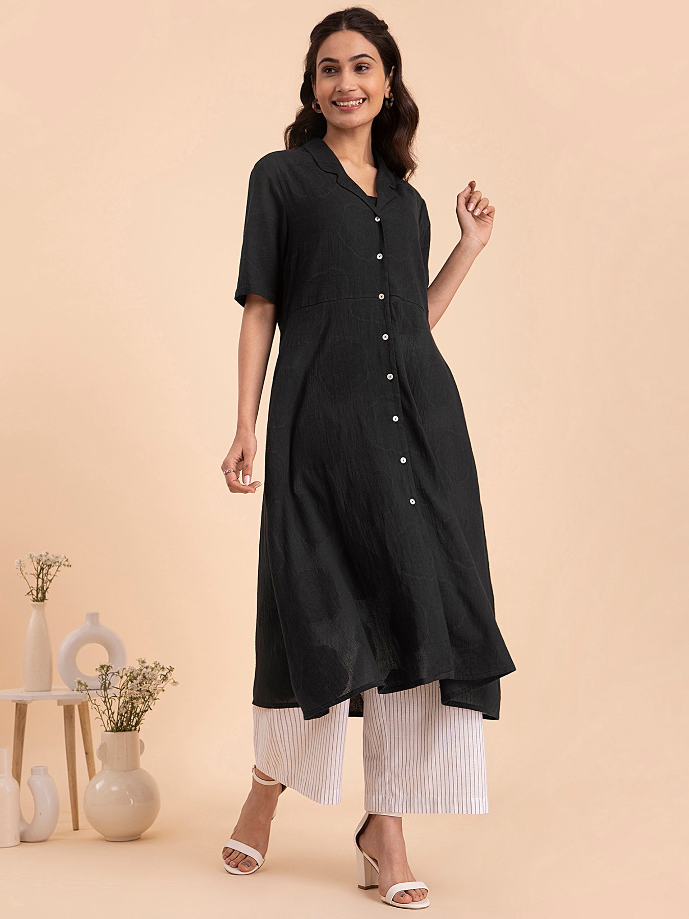 Buy Black Cotton Jacquard Flared Kurta Online | Pink Fort