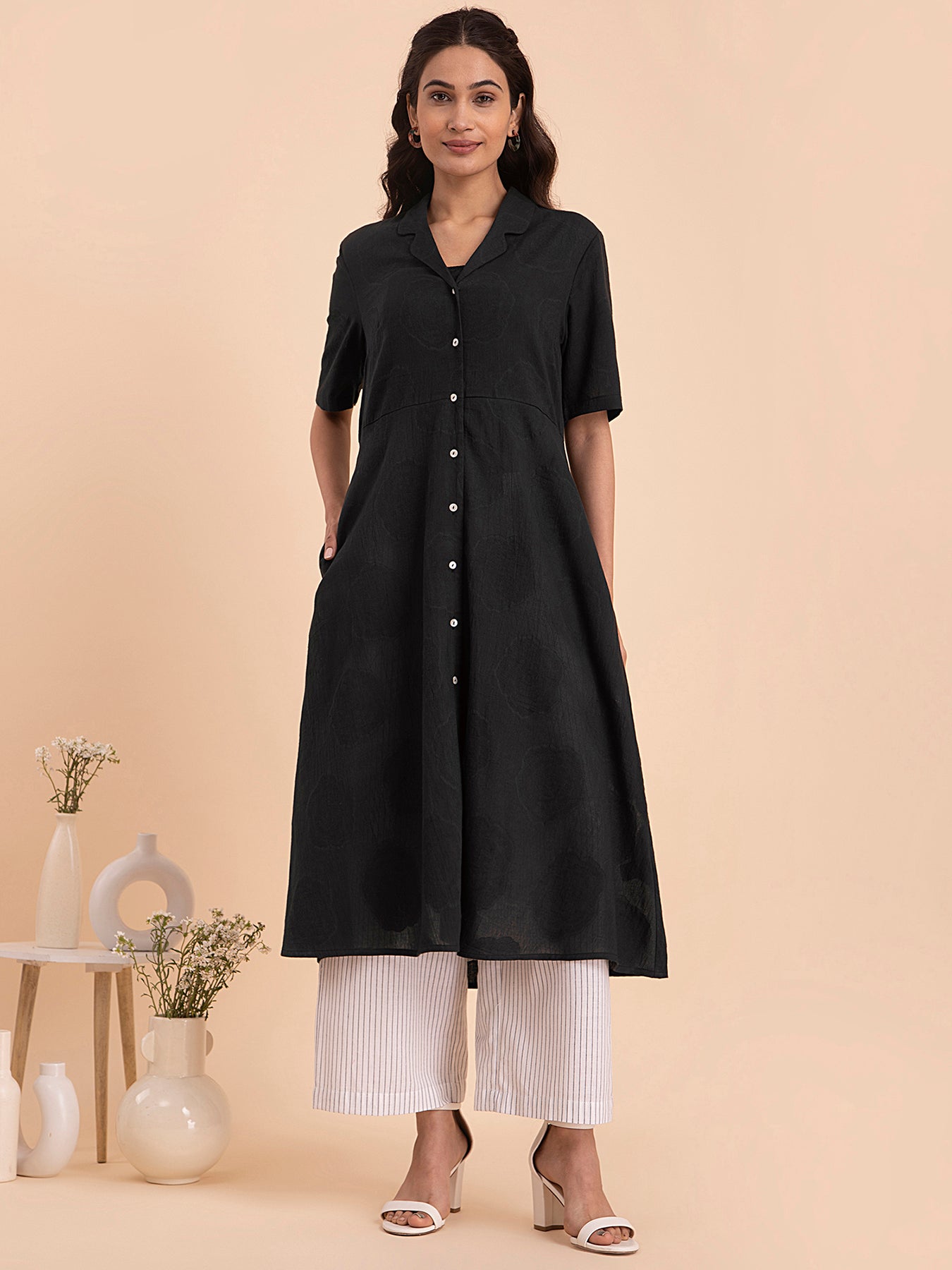 Buy Black Cotton Jacquard Flared Kurta Online | Pink Fort