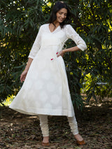 Buy Cream Cotton Floral Jacquard Angrakha Kurta Online | Pink Fort
