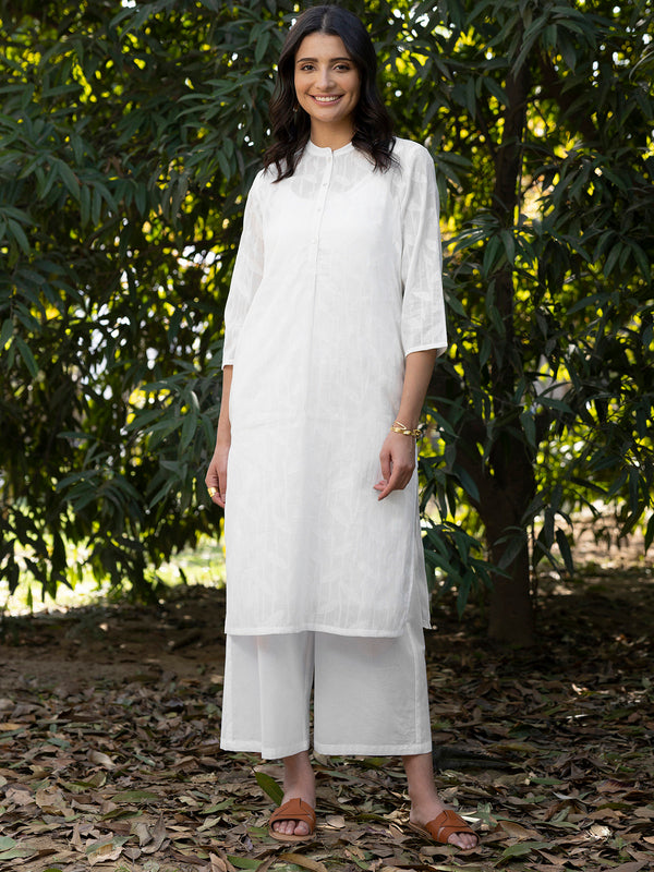 Buy White Cotton Jacquard Straight Kurta With Slip Online | Pink Fort