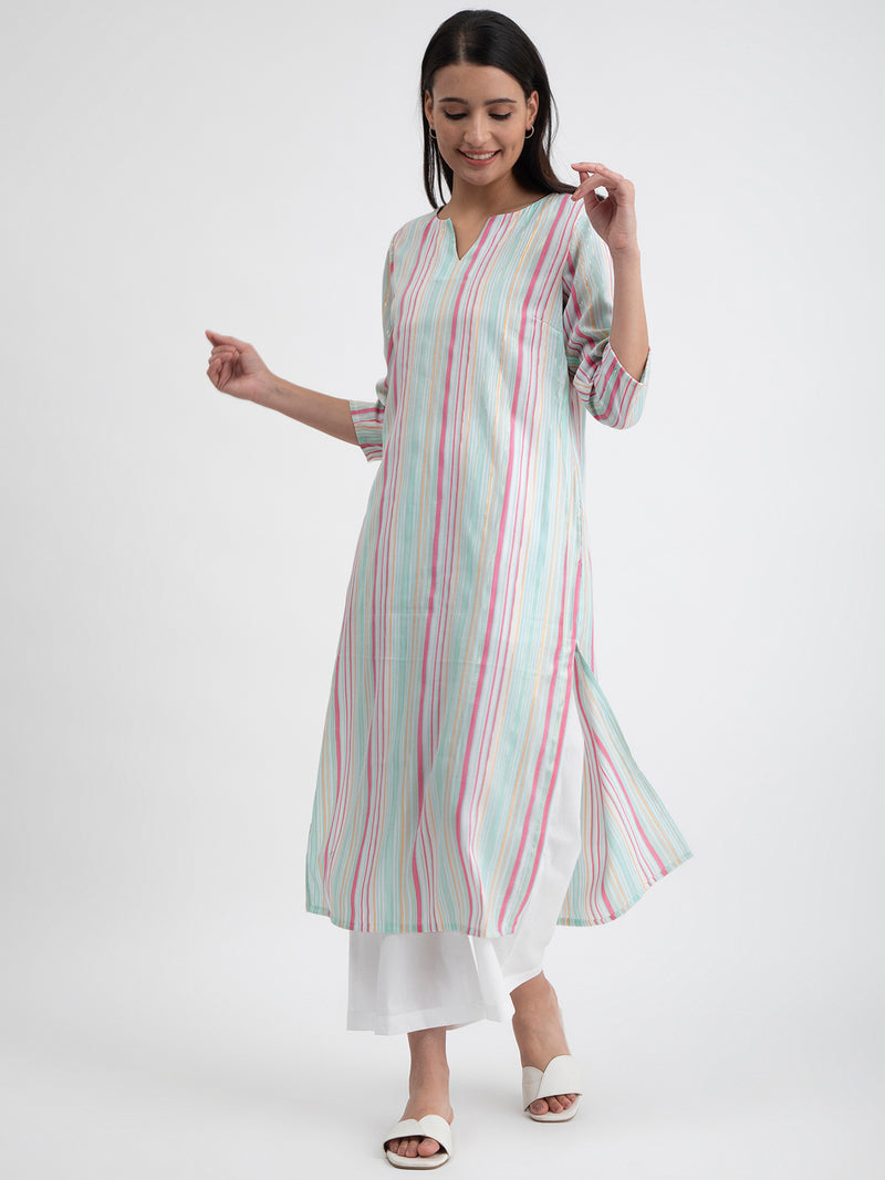 Buy Multicolour Cotton Striped Straight Kurta Online | Pink Fort