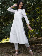 Buy White Cotton Jacquard Anarkali Kurta With Slip Online | Pink Fort