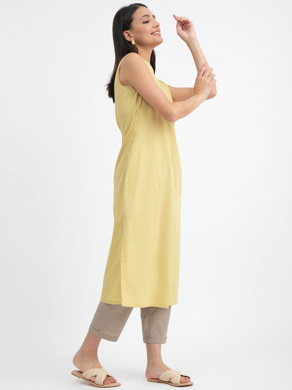 Buy Yellow Sleeveless Linen Blend Straight Kurta Online | Pink Fort