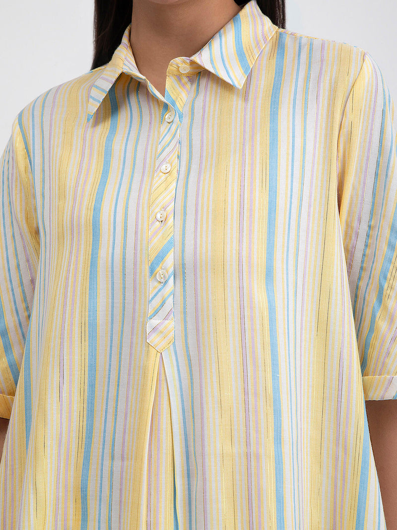 Cotton Striped A-line Kurta - Yellow