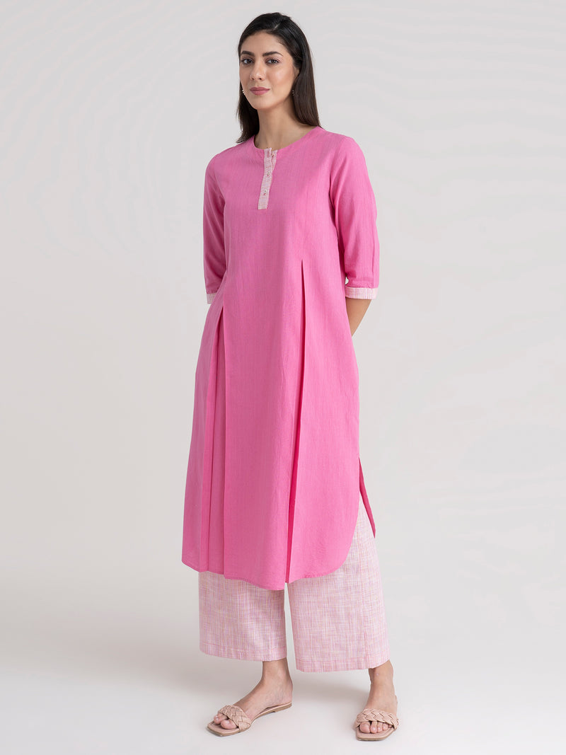 Buy Pink Inverted Box Pleat Cotton Kurta Set Online | Pinkfort