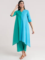 Buy Green And Blue Half & Half Asymmetrical Kurta Set Online | Pinkfort