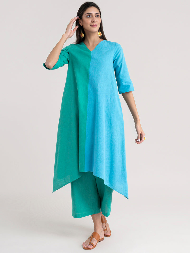 Buy Green And Blue Half & Half Asymmetrical Kurta Set Online | Pinkfort