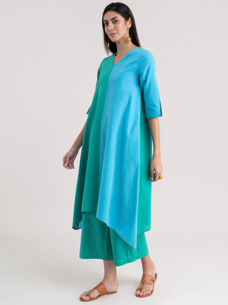 Buy Green And Blue Half & Half Asymmetrical Kurta Set Online | Pinkfort