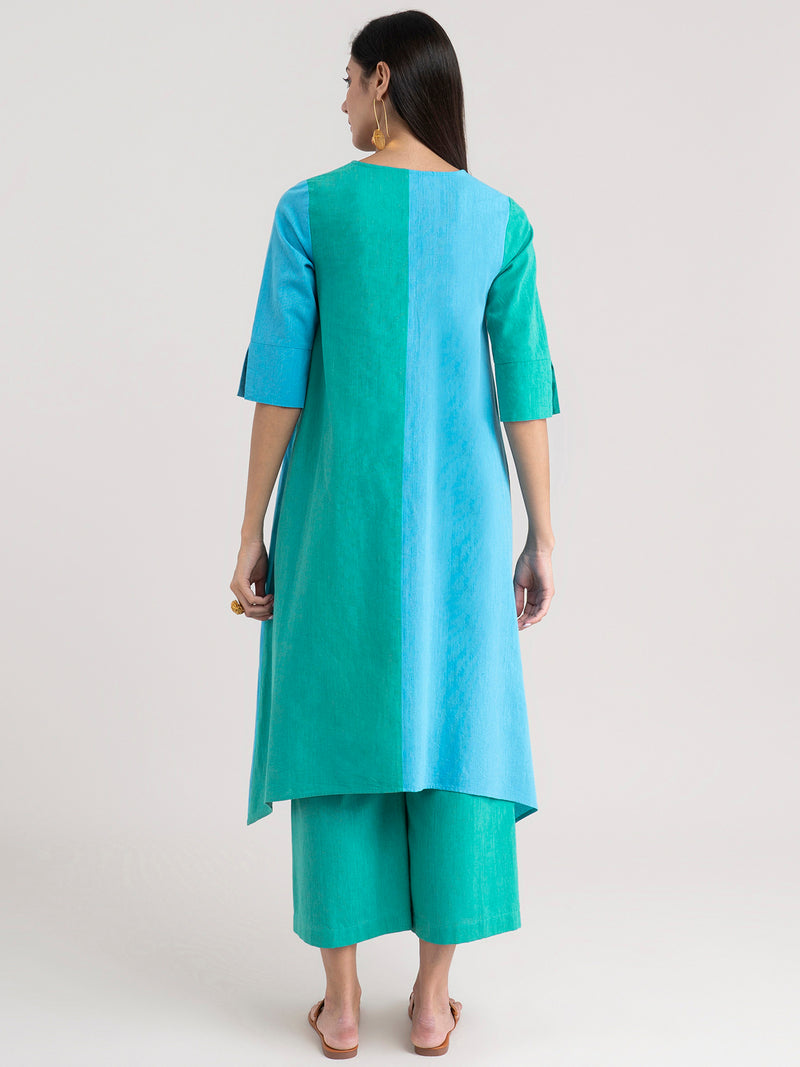 Buy Green And Blue Half & Half Asymmetrical Kurta Set Online | Pinkfort