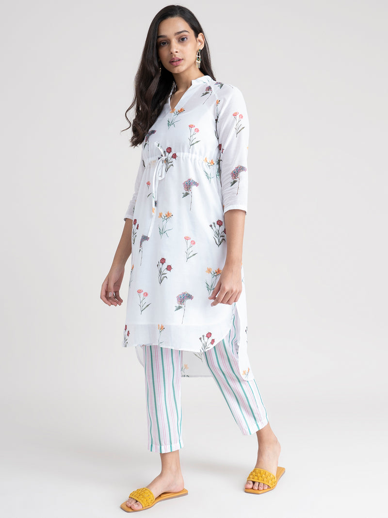 Buy White Floral And Striped Cotton Kurta Set Online | Pinkfort