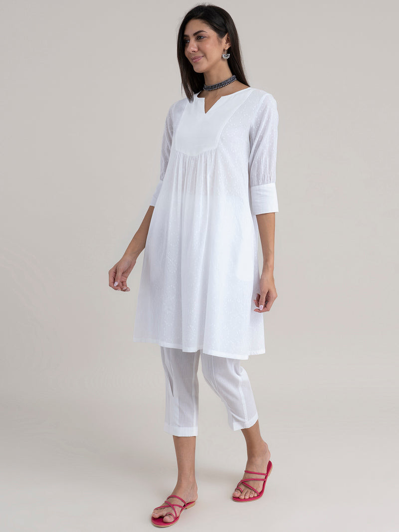 Buy White Flared Cotton Dobby Kurta Set - White Online | Pinkfort
