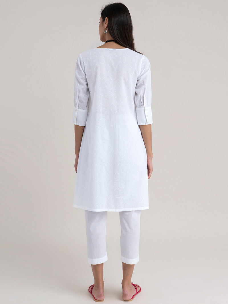 Buy White Flared Cotton Dobby Kurta Set - White Online | Pinkfort