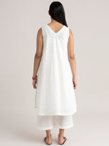 Pleated Cotton Jacquard Kurta Set - White