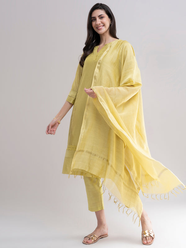 Buy Lime Green Pintuck Panel Chanderi Silk Kurta Set Online | Pinkfort
