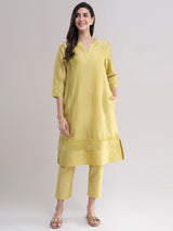 Buy Lime Green Pintuck Panel Chanderi Silk Kurta Set Online | Pinkfort