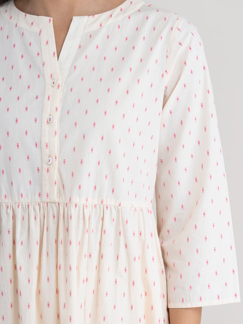 Buy Cream Flared Cotton Dobby Kurta Set Online | Pinkfort