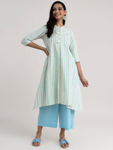 Buy Cream And Blue Striped And Solid Kurta Set Online | Pinkfort
