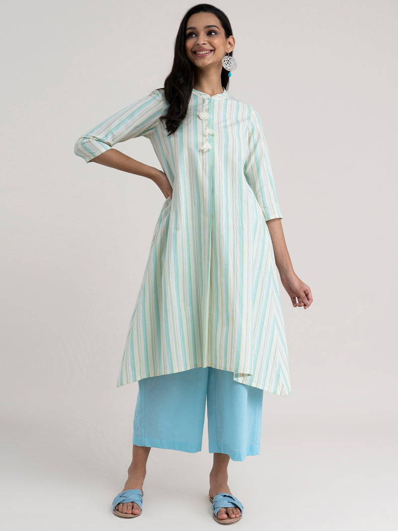 Buy Cream And Blue Striped And Solid Kurta Set Online | Pinkfort