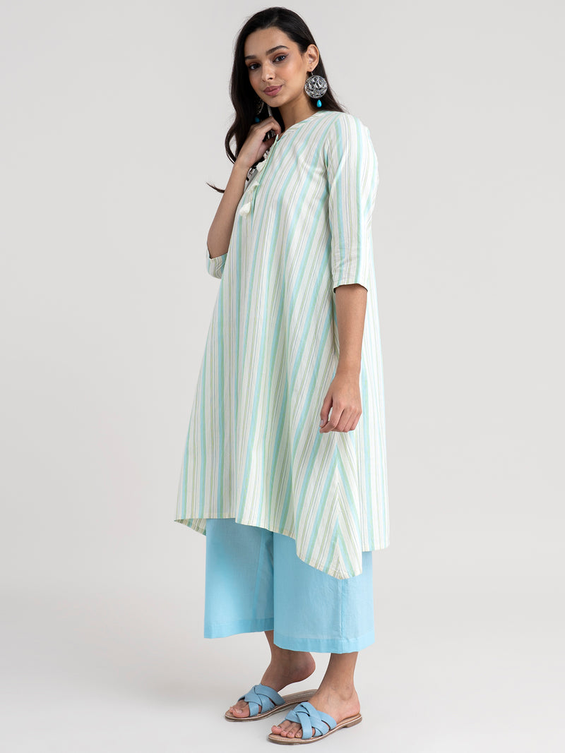 Buy Cream And Blue Striped And Solid Kurta Set Online | Pinkfort