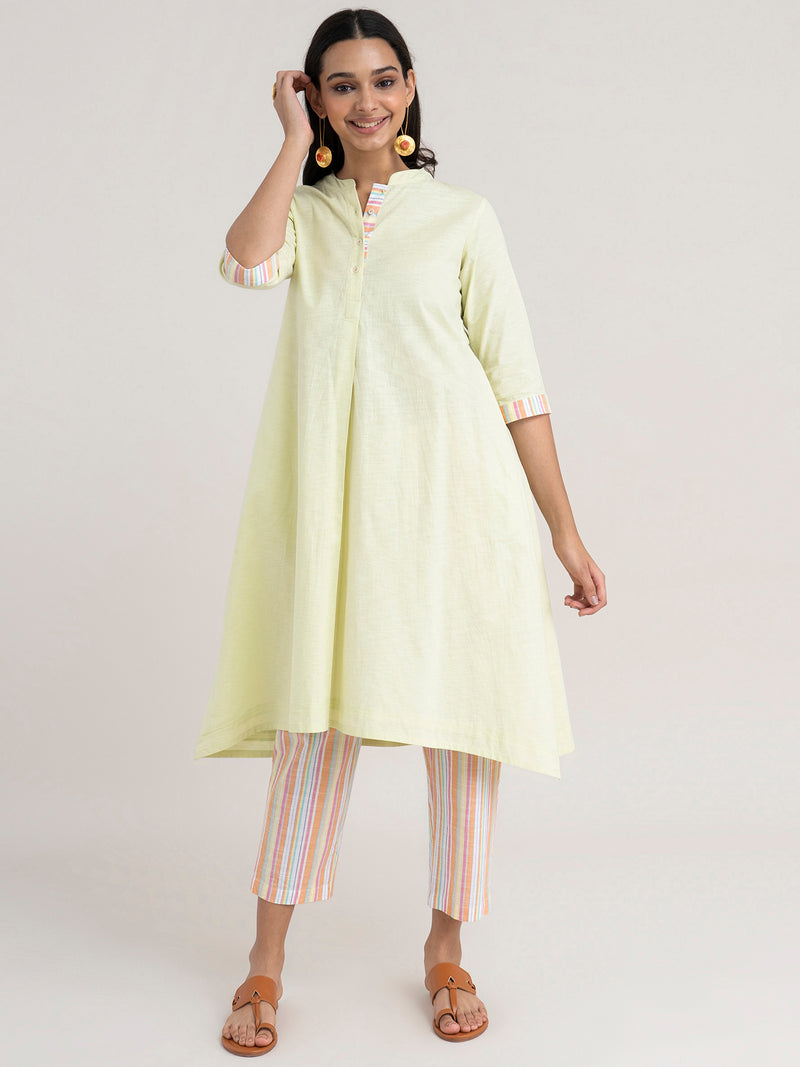 Buy Lime Green And Orange Striped And Solid Kurta Set Online | Pinkfort