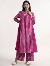 Buy Burgundy Chanderi Polka And Stripe Kurta Set Online | Pink fort