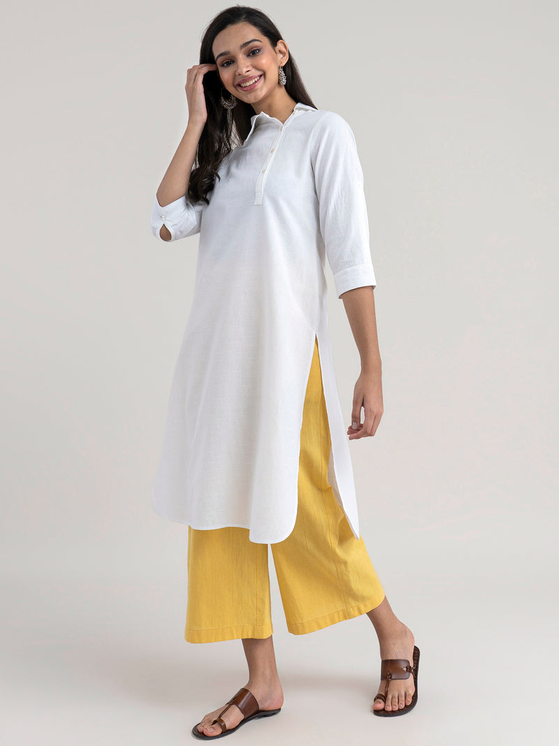 Buy White And Yellow Colour Block Kurta Set Online | Pinkfort